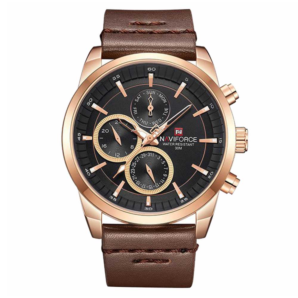 NAVIFORCE NF9148 RG/B/D.BN BROWN LEATHER MEN'S WATCH - H2 Hub Watches