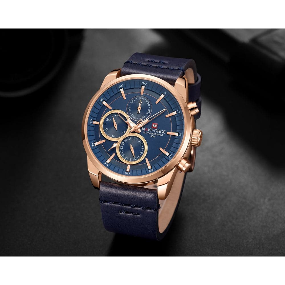 NAVIFORCE NF9148 RG/BE/D.BE BLUE LEATHER MEN'S WATCH - H2 Hub Watches