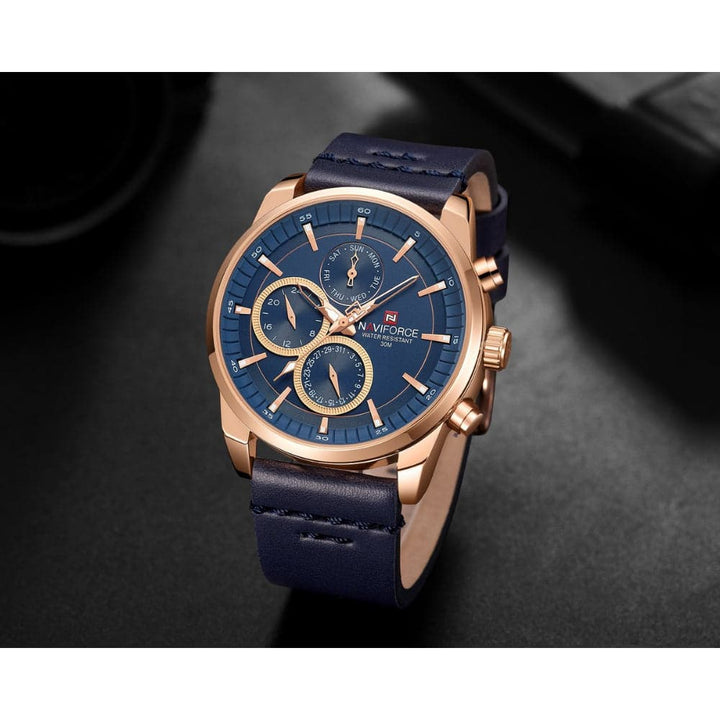 NAVIFORCE NF9148 RG/BE/D.BE BLUE LEATHER MEN'S WATCH - H2 Hub Watches