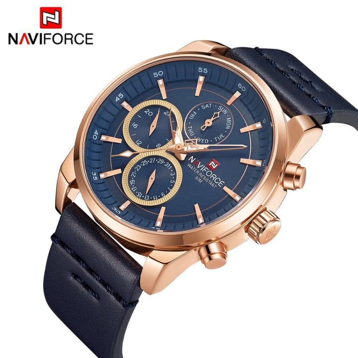 NAVIFORCE NF9148 RG/BE/D.BE BLUE LEATHER MEN'S WATCH - H2 Hub Watches