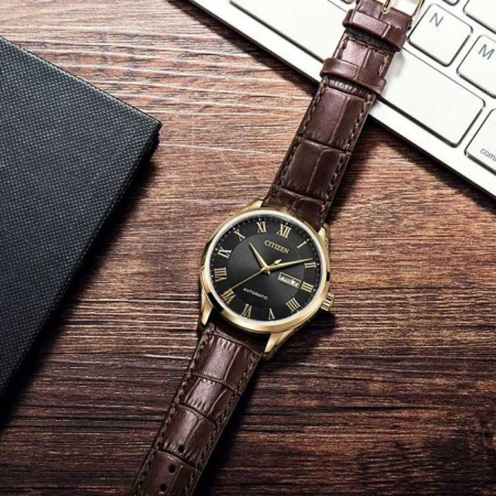 CITIZEN NH8363-14HB AUTOMATIC ROSE GOLD STAINLESS STEEL BROWN LEATHER STRAP MEN'S WATCH - H2 Hub Watches