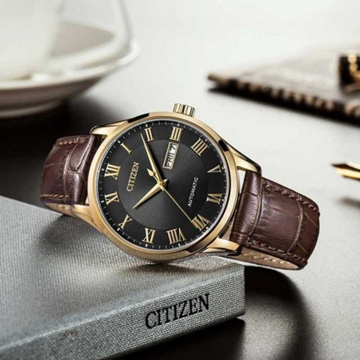 CITIZEN NH8363-14HB AUTOMATIC ROSE GOLD STAINLESS STEEL BROWN LEATHER STRAP MEN'S WATCH - H2 Hub Watches