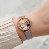 OLIVIA BURTON Secret Garden Violet Rose Gold Gray Leather Women's Watch OB16FS106