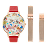 Olivia Burton  Pop Art Big Dial, Red Eco Vegan & Rose Gold Mesh Strap Women's Watch Gift Set OBGSET152