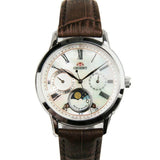 ORIENT SUN AND MOON QUARTZ STAINLESS STEEL AND BROWN LEATHER STRAP WOMEN’S WATCH RA-KA0005A00B