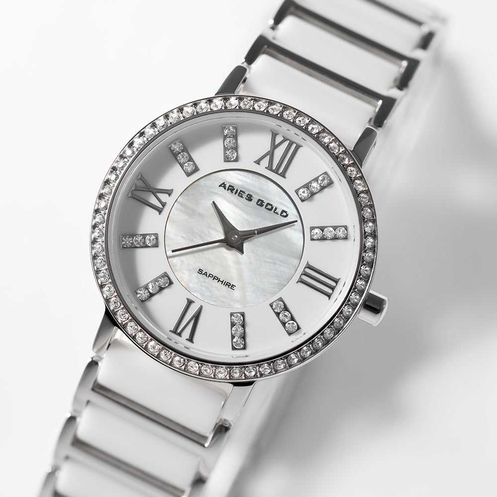 ARIES GOLD ENCHANT GLITTER SILVER STAINLESS STEEL PS 310L S-WHITE CERAMIC WOMEN'S WATCH - H2 Hub Watches