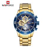 NAVIFORCE NF9173 G/BE MULTIFUNCTION CALENDAR BLUE DIAL GOLD STAINLESS STEEL MEN'S WATCH