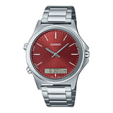 CASIO MTP-VC01D-5EUDF RED DIAL ANALOG DIGITAL SILVER STAINLESS STEEL STRAP MEN'S WATCH