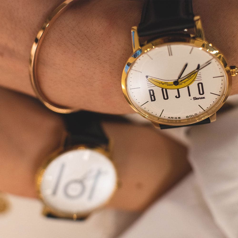 ARIES GOLD CUSTOMISED GOLD STAINLESS WATCH -  BOJIO WHITE UNISEX LEATHER STRAP WATCH - H2 Hub Watches