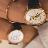 ARIES GOLD CUSTOMISED GOLD STAINLESS WATCH -  BOJIO WHITE UNISEX LEATHER STRAP WATCH - H2 Hub Watches