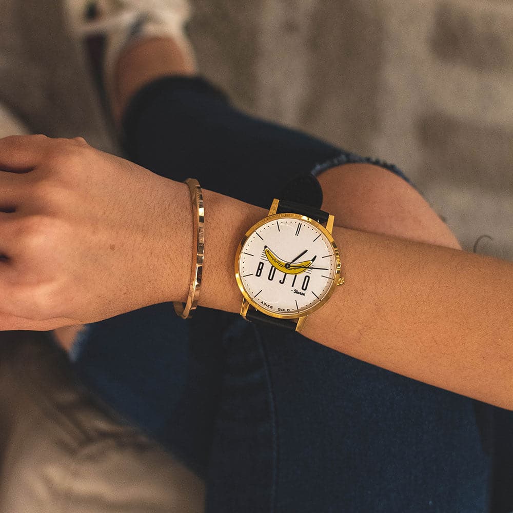ARIES GOLD CUSTOMISED GOLD STAINLESS WATCH -  BOJIO WHITE UNISEX LEATHER STRAP WATCH - H2 Hub Watches