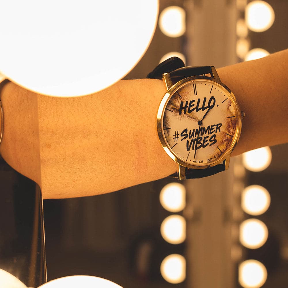 ARIES GOLD CUSTOMISED GOLD STAINLESS STEEL WATCH - HELLO SUMMER VIBES UNISEX LEATHER STRAP WATCH - H2 Hub Watches