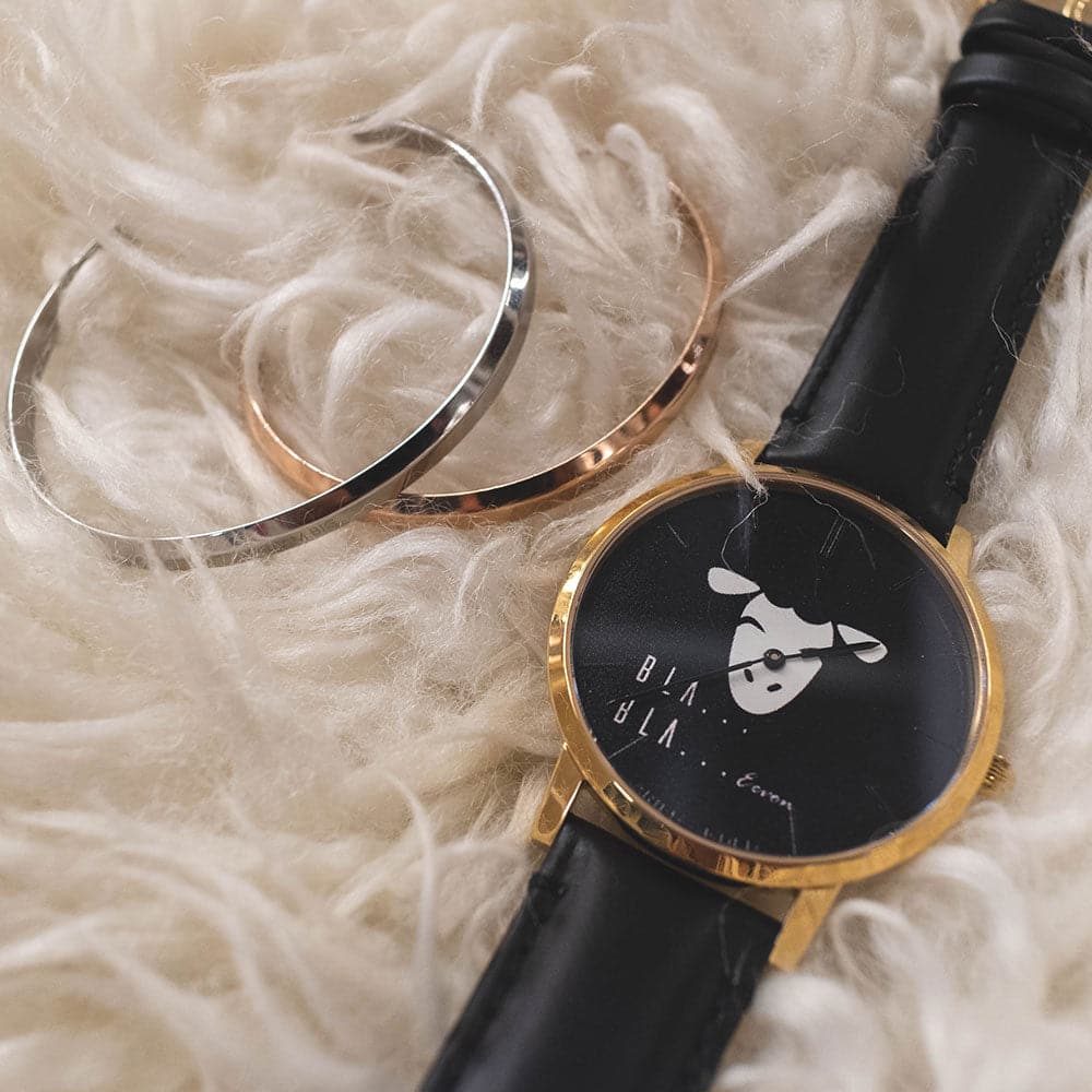 ARIES GOLD CUSTOMISED GOLD STAINLESS STEEL WATCH - BLA BLA BLACK UNISEX LEATHER STRAP WATCH - H2 Hub Watches