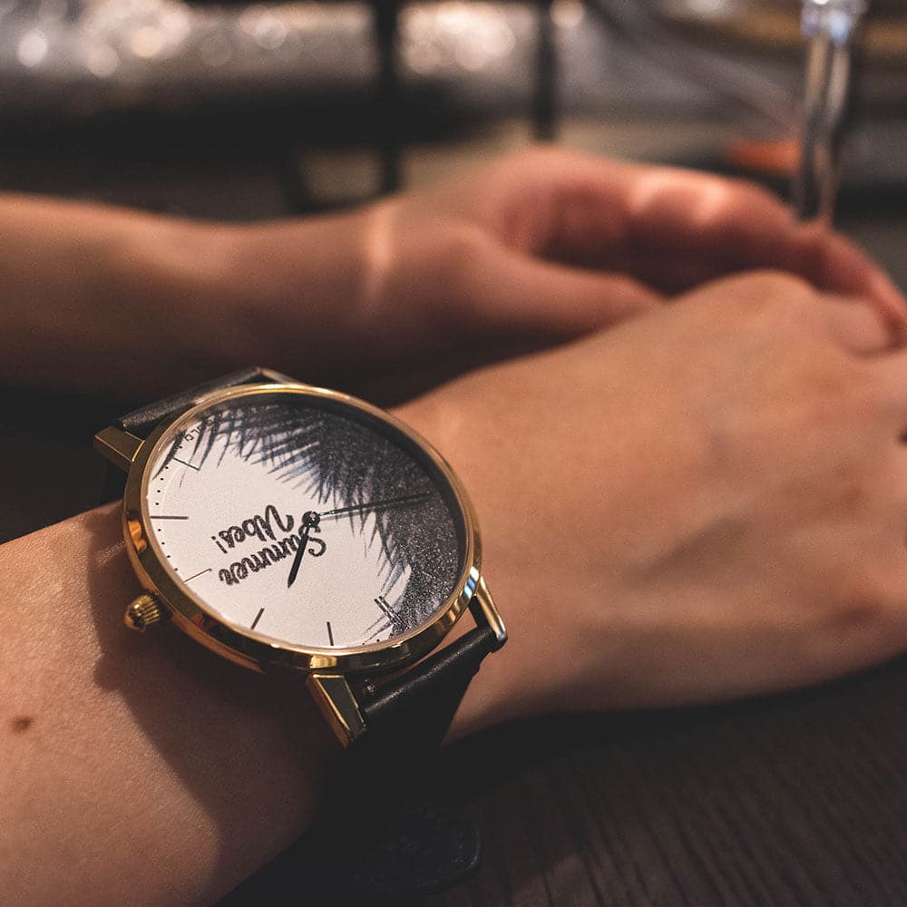 ARIES GOLD CUSTOMISED GOLD STAINLESS STEEL WATCH - SUMMER VIBES PALM LEAVES UNISEX LEATHER STRAP WATCH - H2 Hub Watches