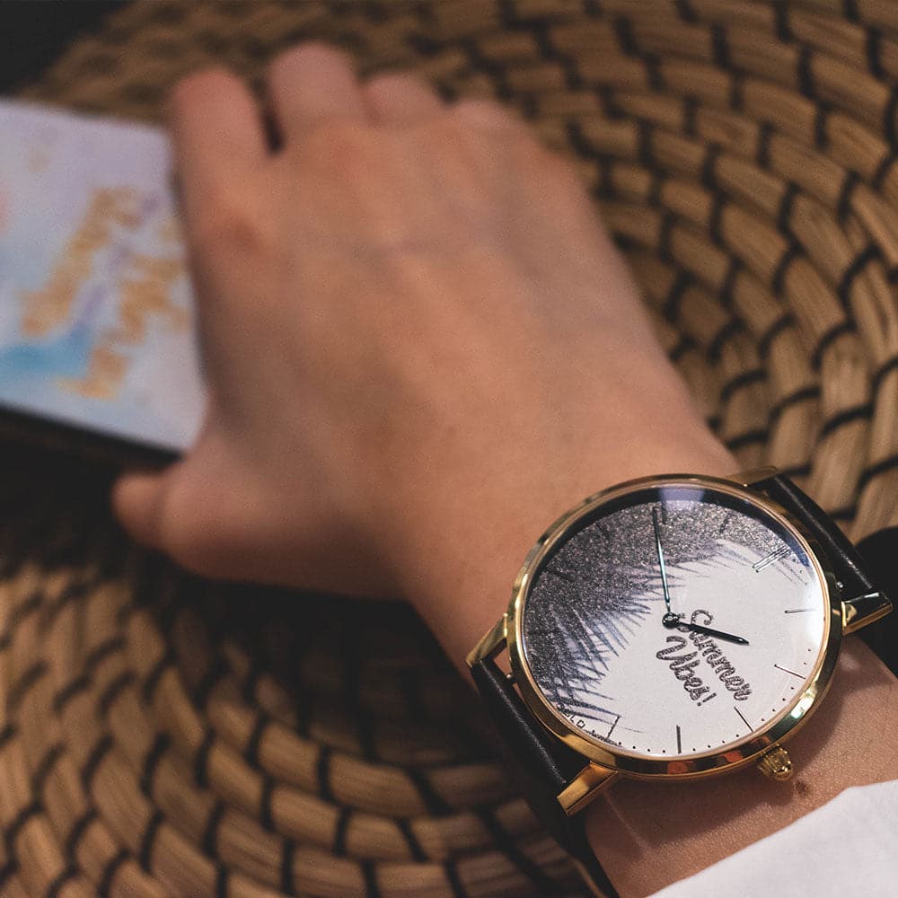 ARIES GOLD CUSTOMISED GOLD STAINLESS STEEL WATCH - SUMMER VIBES PALM LEAVES UNISEX LEATHER STRAP WATCH - H2 Hub Watches