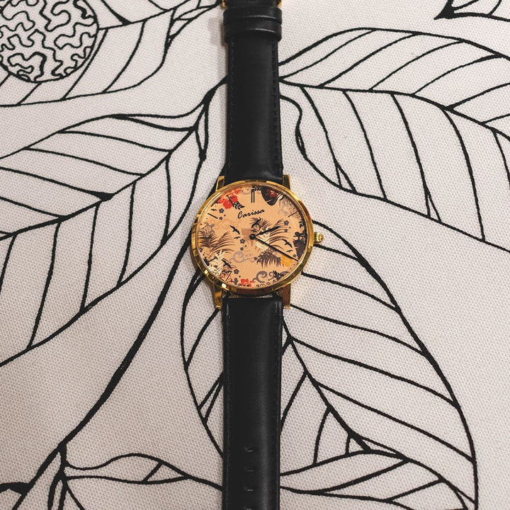 ARIES GOLD CUSTOMISED GOLD STAINLESS STEEL WATCH - NUDE FLORAL LEATHER STRAP WOMAN'S WATCH - H2 Hub Watches