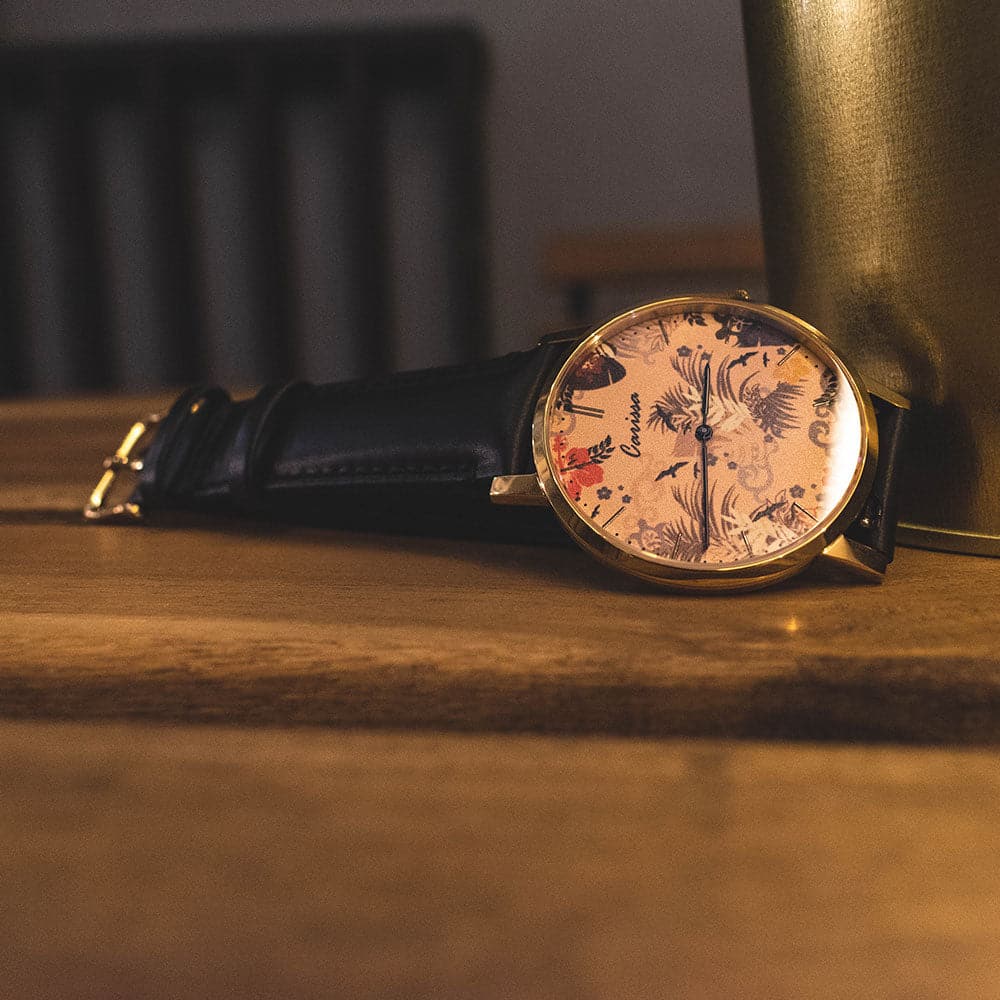 ARIES GOLD CUSTOMISED GOLD STAINLESS STEEL WATCH - NUDE FLORAL LEATHER STRAP WOMAN'S WATCH - H2 Hub Watches