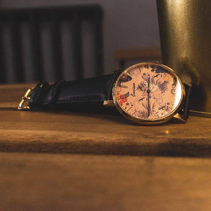 ARIES GOLD CUSTOMISED GOLD STAINLESS STEEL WATCH - NUDE FLORAL LEATHER STRAP WOMAN'S WATCH - H2 Hub Watches
