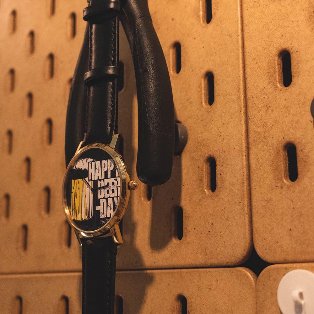 ARIES GOLD CUSTOMISED GOLD STAINLESS STEEL WATCH - HAPPY BEER DAY BLACK UNISEX LEATHER STRAP WATCH - H2 Hub Watches