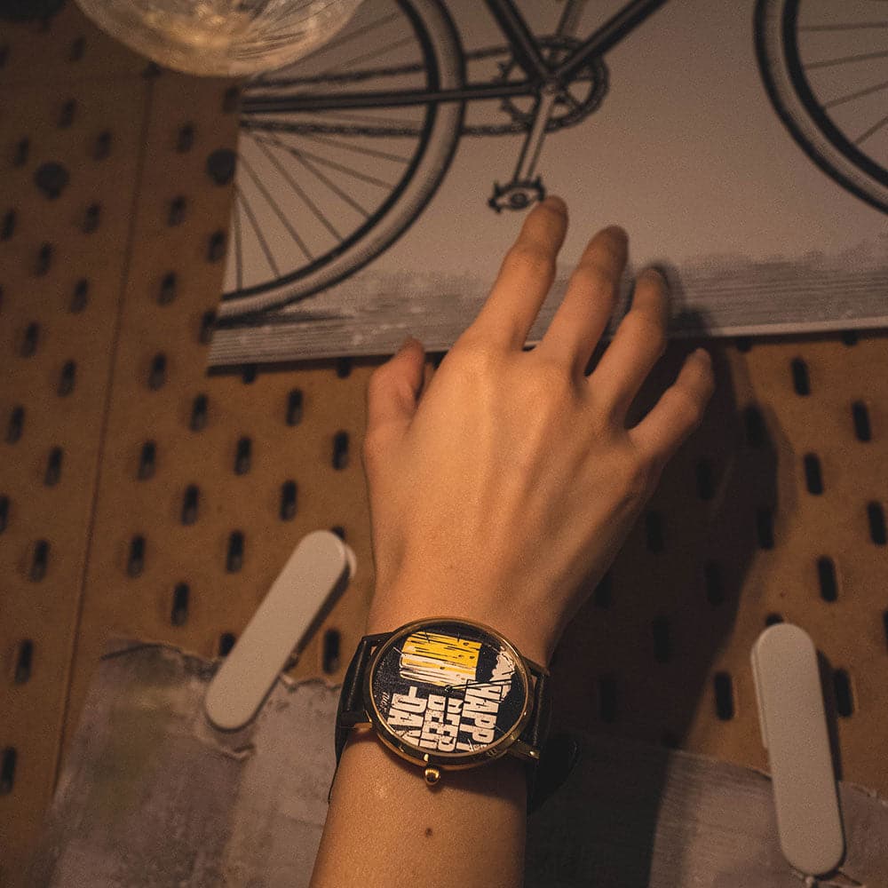 ARIES GOLD CUSTOMISED GOLD STAINLESS STEEL WATCH - HAPPY BEER DAY BLACK UNISEX LEATHER STRAP WATCH - H2 Hub Watches