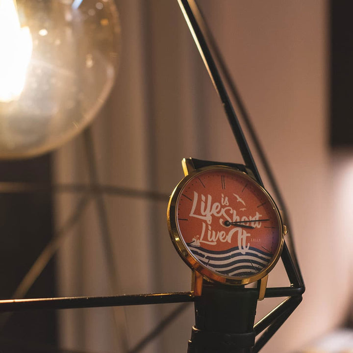 ARIES GOLD CUSTOMISED GOLD STAINLESS STEEL WATCH - LIFE IS SHORT LIVE IT ORANGE UNISEX LEATHER STRAP WATCH - H2 Hub Watches