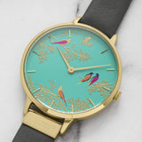 SARA MILLER CHELSEA GREEN BIRDS TEAL DIAL GREY LEATHER WOMEN'S  WATCH SA2000