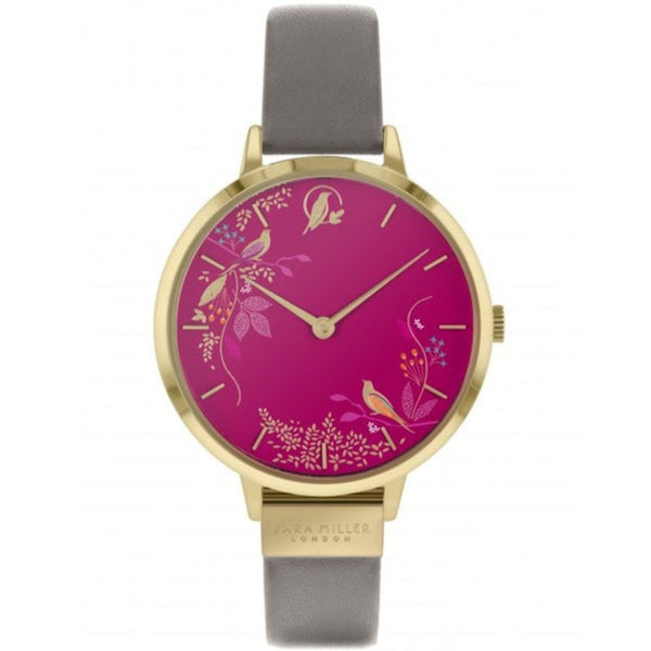 SARA MILLER CHELSEA PINK BIRDS PINK DIAL GREY LEATHER WOMEN'S WATCH SA2016
