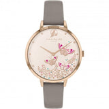 SARA MILLER LADIES GRAY LEATHER STRAP BUTTERFLY DIAL WATCH SA2080