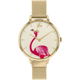 SARA MILLER GOLD STAINLESS STEEL MESH STRAP FLAMINGO DIAL WOMEN'S WATCH SA4056