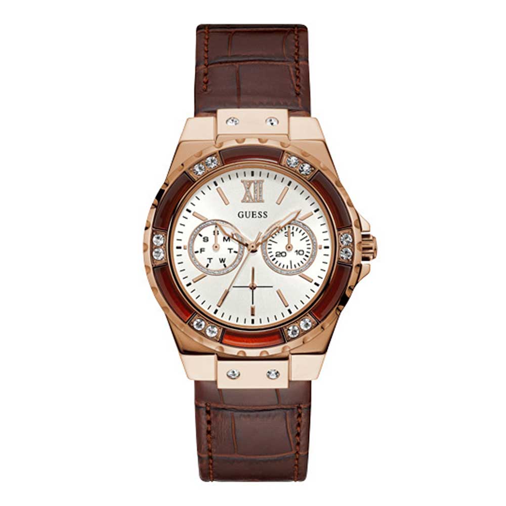 GUESS LIMELIGHT ROSE GOLD STAINLESS STEEL W0775L14 BROWN LEATHER STRAP WOMEN'S WATCH - H2 Hub Watches
