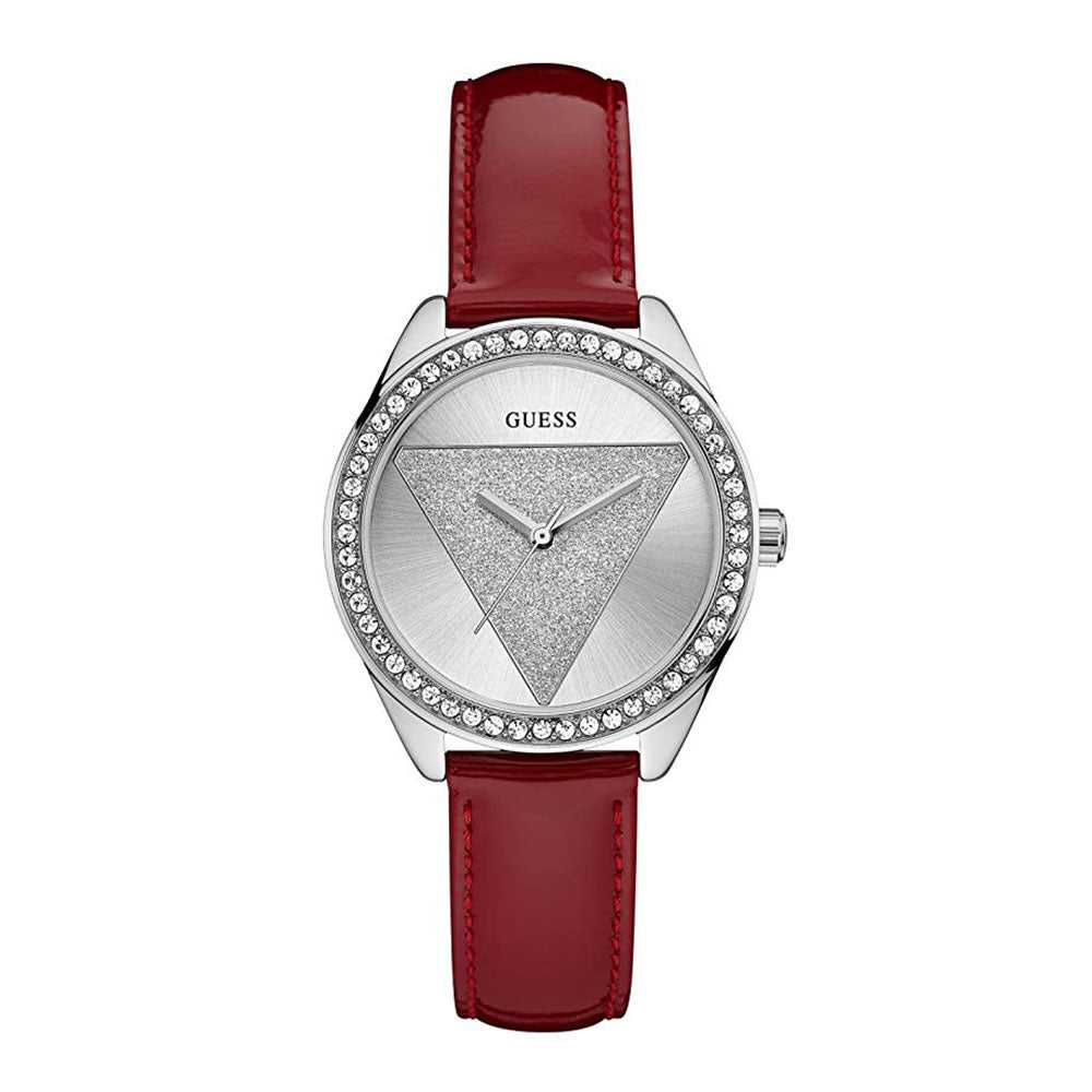 GUESS TRI-GLITZ SILVER STAINLESS STEEL W0884L1 RED LEATHER STRAP WOMEN'S WATCH - H2 Hub Watches