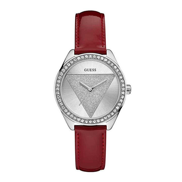 GUESS TRI-GLITZ SILVER STAINLESS STEEL W0884L1 RED LEATHER STRAP WOMEN'S WATCH - H2 Hub Watches