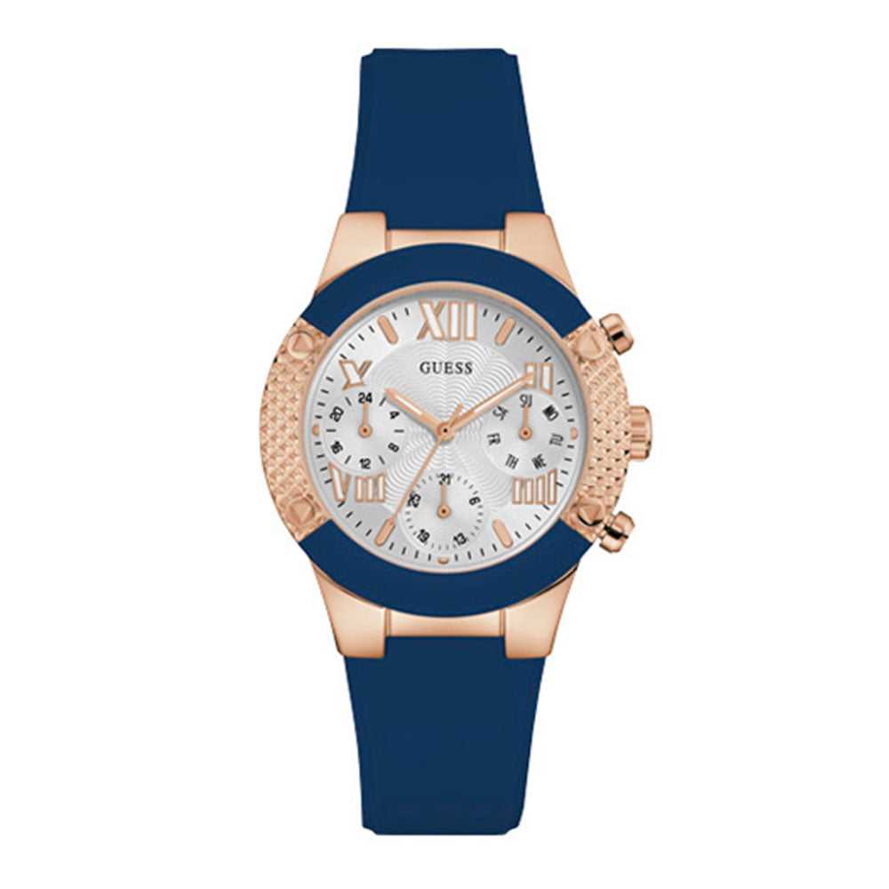 GUESS ROCKSTAR ROSE GOLD STAINLESS STEEL W0958L3 BLUE SILICONE STRAP WOMEN'S WATCH - H2 Hub Watches