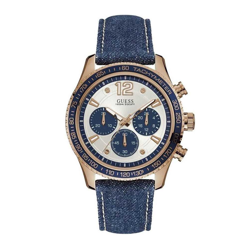 GUESS CHRONOGRAPH ROSE GOLD STAINLESS STEEL W0970G3 BLUE LEATHER STRAP MEN'S WATCH - H2 Hub Watches