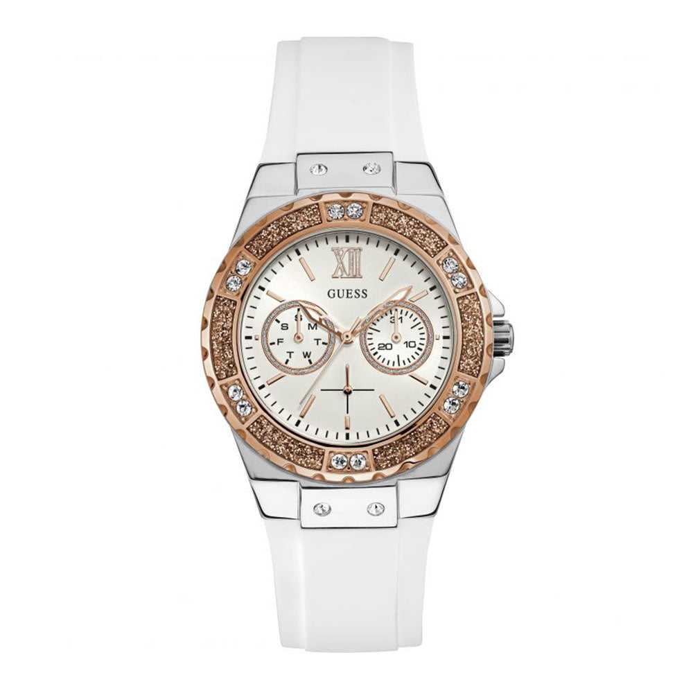 GUESS LIMELIGHT TWO TONE STAINLESS STEEL W1053L2 WHITE SILICONE STRAP WOMEN'S WATCH - H2 Hub Watches