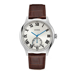 GUESS CAMBRIDGE SILVER STAINLESS STEEL W1075G4 BROWN LEATHER STRAP MEN'S WATCH - H2 Hub Watches
