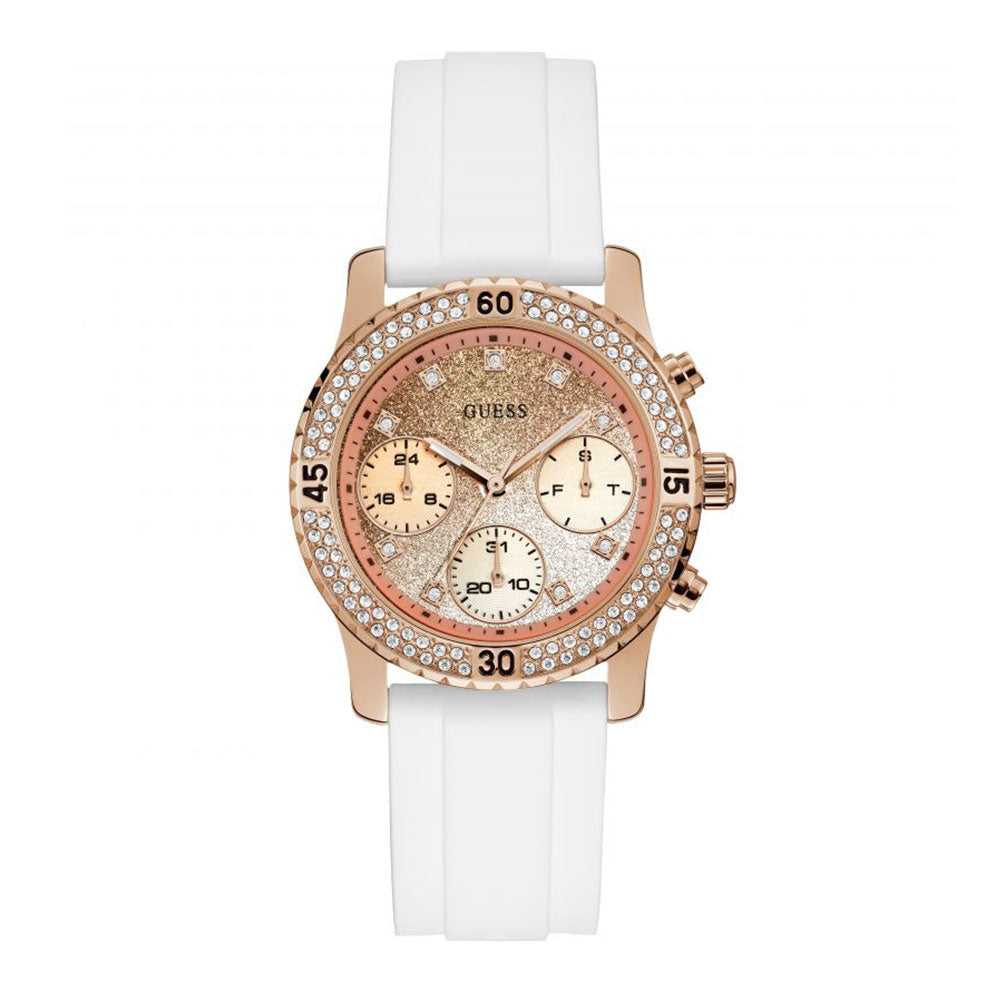 GUESS CONFETTI ROSE GOLD STAINLESS STEEL W1098L5 WHITE SILICONE STRAP WOMEN'S WATCH - H2 Hub Watches