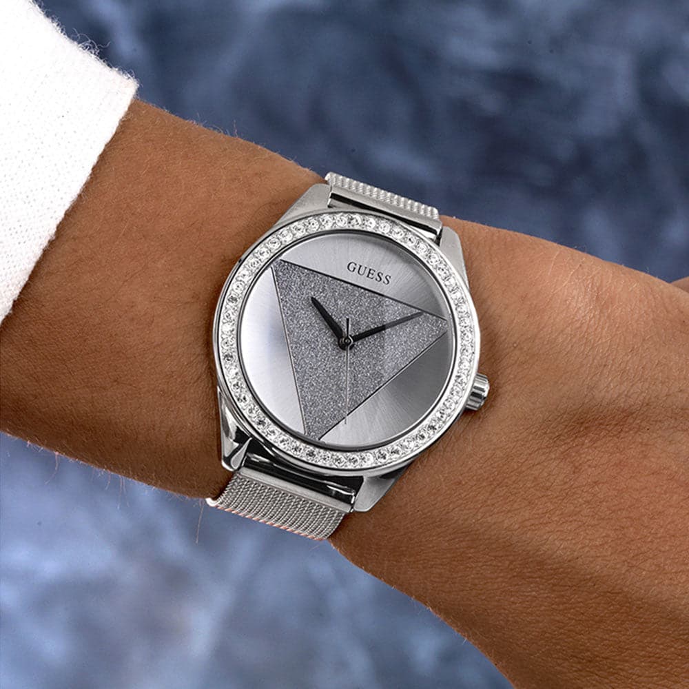 GUESS TRI GLITZ SILVER STAINLESS STEEL W1142L1 MESH STRAP WOMEN'S WATCH - H2 Hub Watches