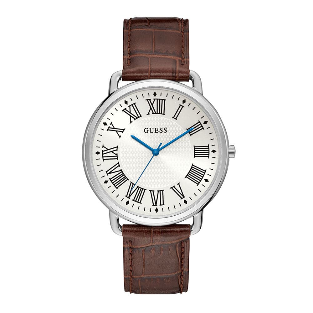 GUESS LINCOLN SILVER STAINLESS STEEL W1164G1 BROWN LEATHER STRAP MEN'S WATCH - H2 Hub Watches