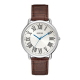 GUESS LINCOLN SILVER STAINLESS STEEL W1164G1 BROWN LEATHER STRAP MEN'S WATCH - H2 Hub Watches