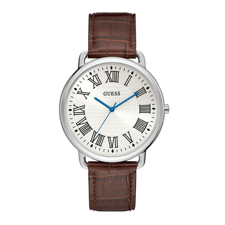 GUESS LINCOLN SILVER STAINLESS STEEL W1164G1 BROWN LEATHER STRAP MEN'S WATCH - H2 Hub Watches