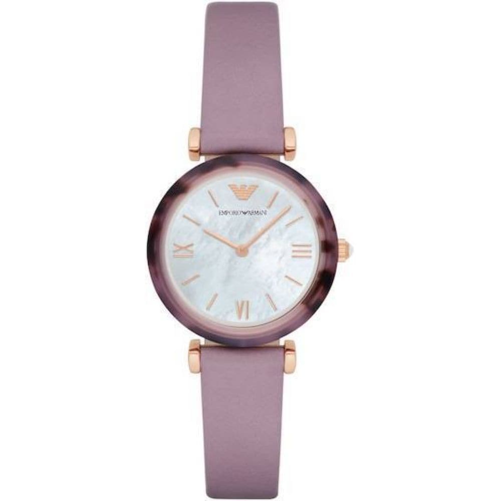 EMPORIO ARMANI ANALOG QUARTZ ROSE GOLD TORTOISESHELL AR11003 PURPLE LEATHER STRAP WOMEN’S WATCH - H2 Hub Watches
