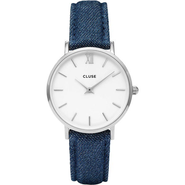 CLUSE MINUIT QUARTZ SILVER STAINLESS STEEL CL30030 BLUE LEATHER STRAP LADIES WATCH - H2 Hub Watches