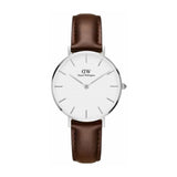 DANIEL WELLINGTON CLASSIC PETITE BRISTOL SILVER STAINLESS STEEL DW00100183 BROWN LEATHER STRAP WOMEN'S WATCH