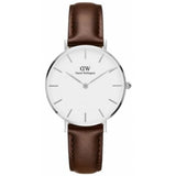 DANIEL WELLINGTON CLASSIC PETITE BRISTOL SILVER STAINLESS STEEL DW00100183 BROWN LEATHER STRAP WOMEN'S WATCH