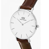 DANIEL WELLINGTON CLASSIC PETITE BRISTOL SILVER STAINLESS STEEL DW00100183 BROWN LEATHER STRAP WOMEN'S WATCH