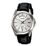 CASIO DATE DAY GENUINE WHTE DIAL BLACK LEATHER MEN'S WATCH MTP-1370L-7AVDF-P