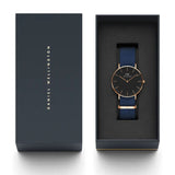 DANIEL WELLINGTON CLASSIC 36 BAYSWATER ROSE GOLD STAINLESS STEEL DW00100281 BLUE NATO STRAP UNISEX WATCH