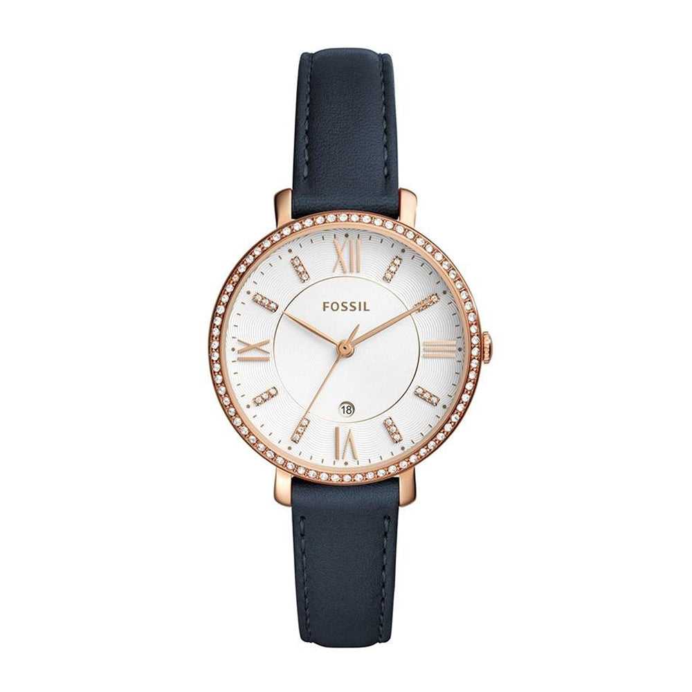 FOSSIL JACQUELINE ANALOG QUARTZ ROSE GOLD STAINLESS STEEL ES4291 BLUE LEATHER STRAP WOMEN'S WATCH - H2 Hub Watches