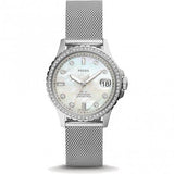 FOSSIL ES4998 CRYSTAL WHITE DIAL SILVER STAINLESS STEEL MESH BAND WOMEN'S WATCH